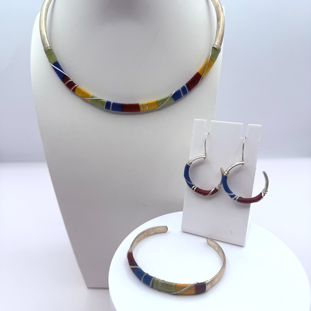 Vintage Silver Tone Thread Wrapped Jewelry Set: Necklace, Cuff & Hoops